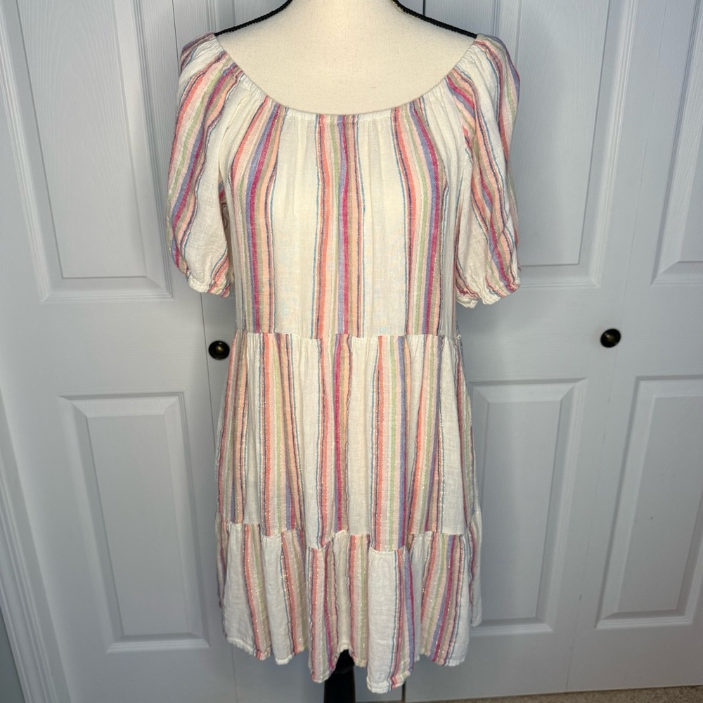 Velvet by Graham & Spencer Metallic Linen Pastel Striped Boho Mini Dress XS
